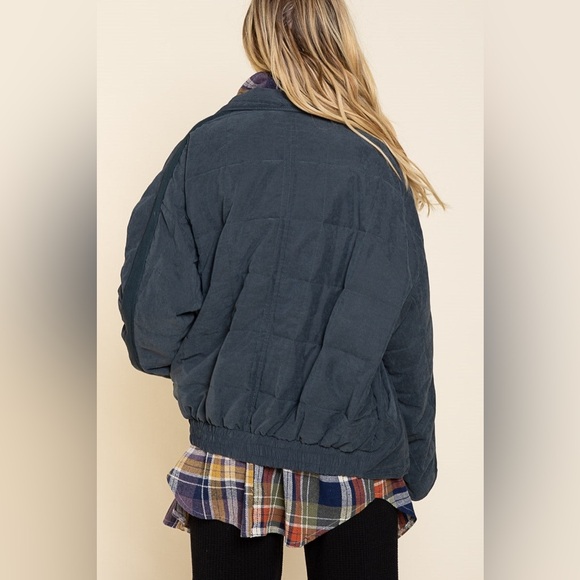 POL Navy Quilted Knit Bomber Jacket Womens Size Large - Picture 5 of 10